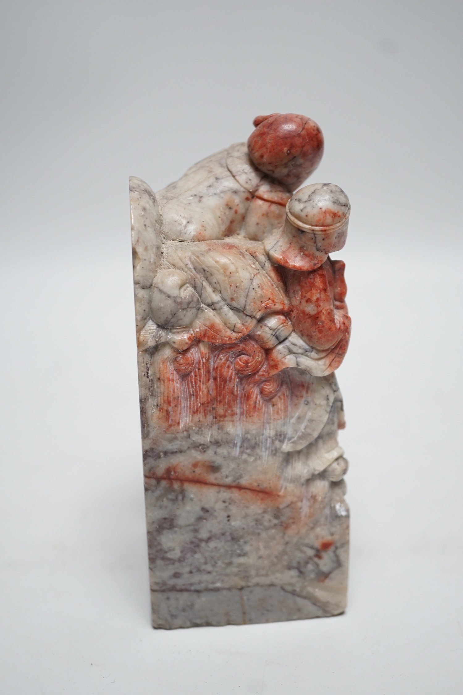 A large Chinese ‘chicken blood’ soapstone seal, Qing dynasty. 15cm